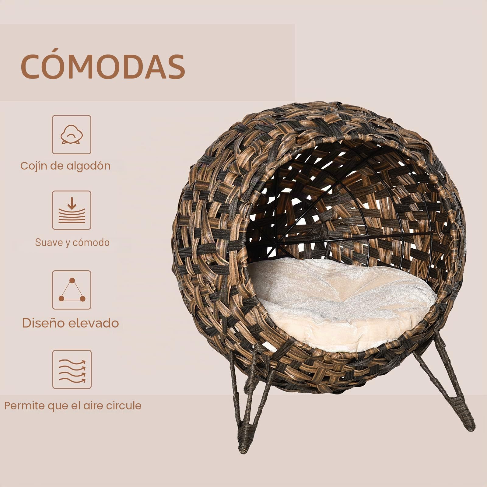 PawHut Cama tejida para gato 52cm con cojín, Marrón | Casa para gatito elevada de hoja de plátano trenzada a mano