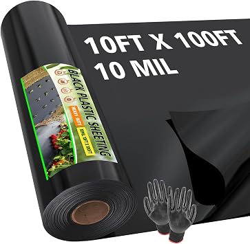 10ft x 100ft 10 Mil Black Plastic Sheeting Heavy Duty, LLDPE Vapor Barrier for Crawl Space Encapsulation, Moisture Barrier Film for Basement, Landscaping, Greenhouse & DIY with Gloves