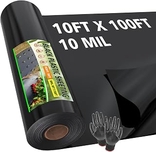 10ft x 100ft 10 Mil Black Plastic Sheeting Heavy Duty, LLDPE Vapor Barrier for Crawl Space Encapsulation, Moisture Barrier Film for Basement, Landscaping, Greenhouse & DIY (with Gloves)