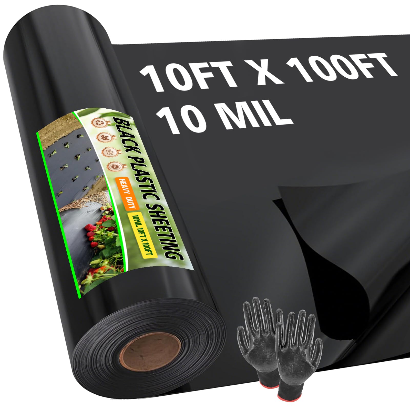 View 1 of 10 Mil 10 FT X 100 FT Plastic Sheeting Heavy Duty Thick LLDPE Black