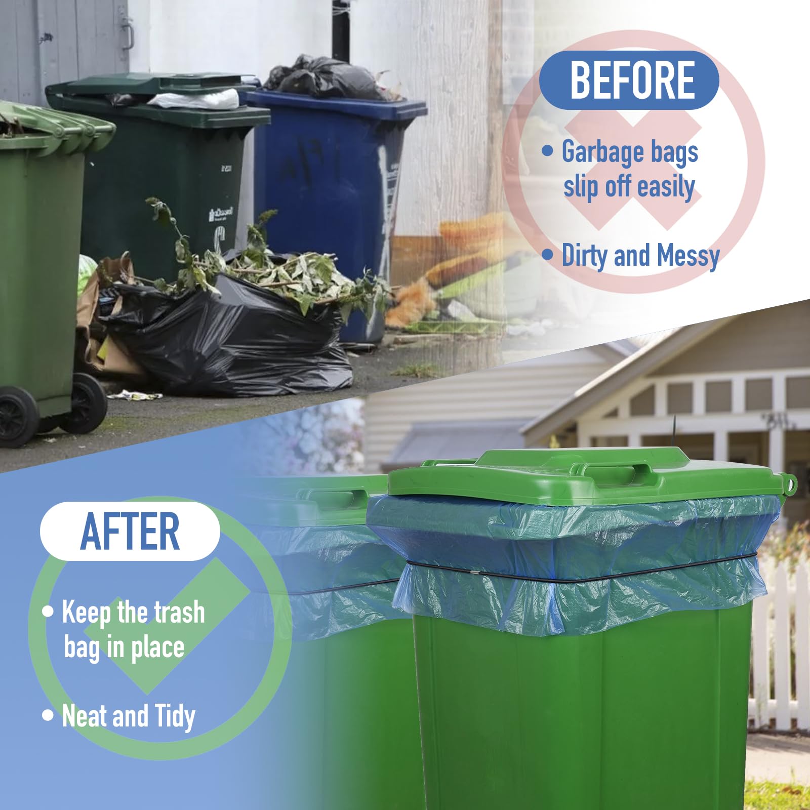 Lot De 3 élastiques Pour Poubelle - Noir, Bleu, Vert Olive - Pouvant S'adapter De 40 à 100 Litres - 6