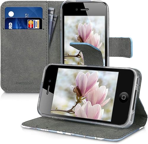 Miniatura 4 de kwmobile Funda tipo cartera compatible con Apple iPhone 4 y 4S, magnolias gris topo, blanco, azul y gris