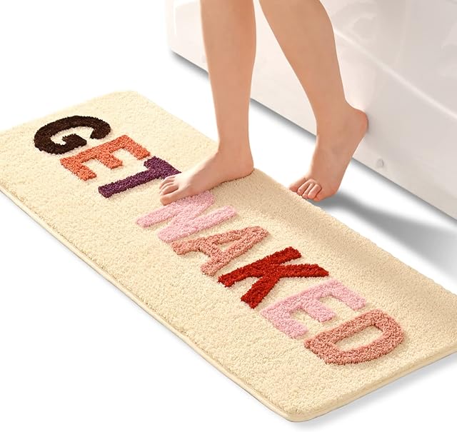 QJHOMO Get Naked Bath Mat Beige Bathroom Mats 45 x 120 cm, Non Slip Bath Mats for Bathroom, Colourful Letters Soft Microfiber Bathroom mat, Machine Washable Rug