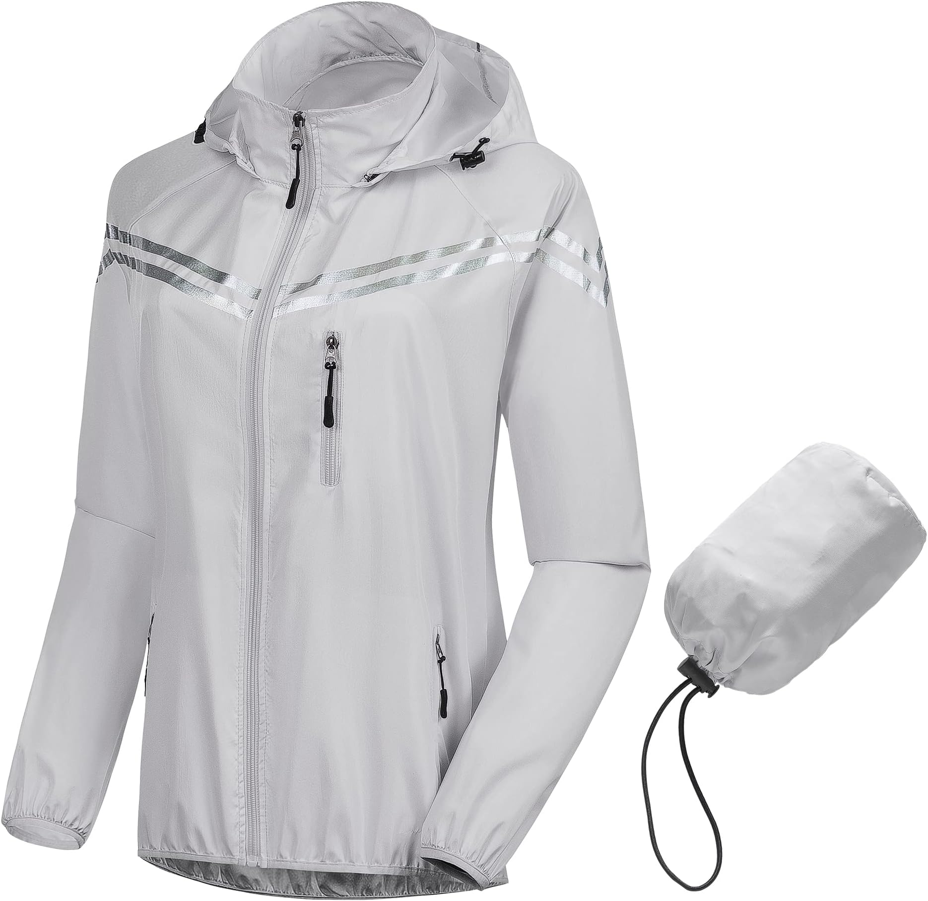CREATMO USWomen's Packable Waterproof Running Rain Coat Reflective Cycling Jacket Windbreaker With Detachable Hood