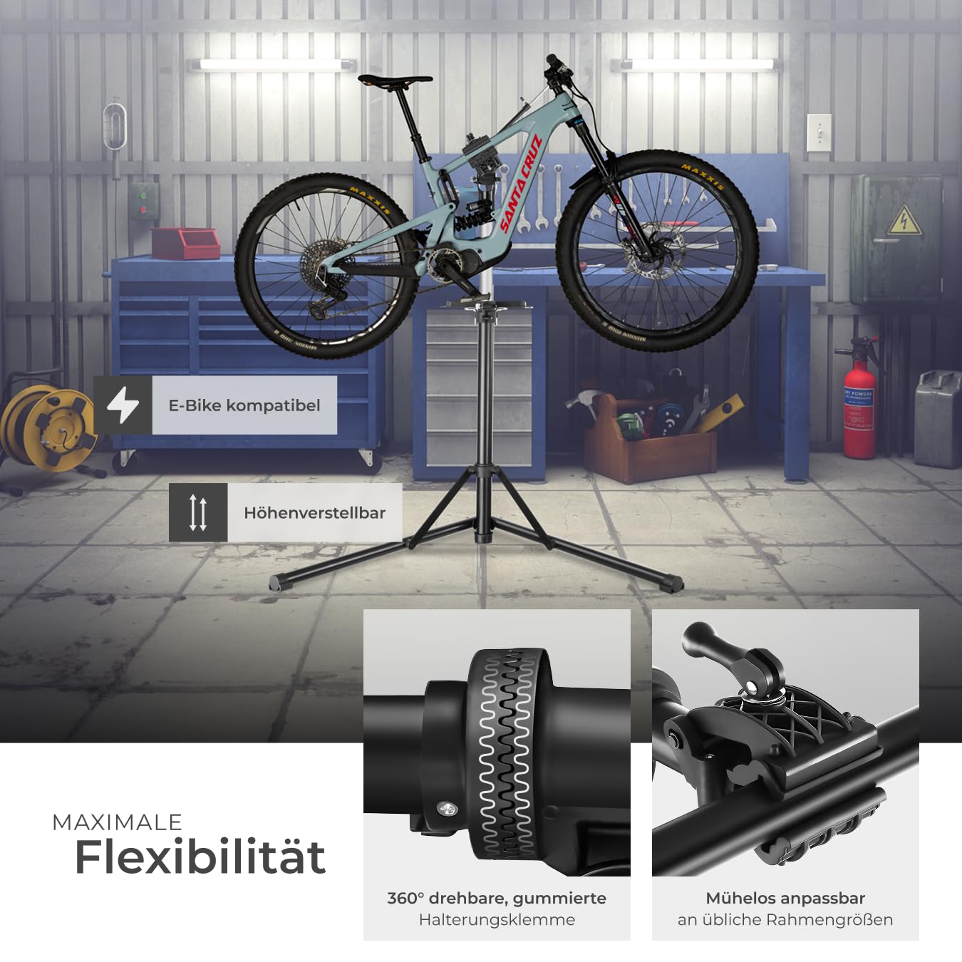 tectake® Fahrrad Montageständer, Belastbarkeit 50kg, Reparaturständer für e Bike, Rennrad, Bike Stand zur Fahrrad Reinigung, Pflege, klappbar, höhenverstellbar, drehbar, magnetische Werkzeugablage