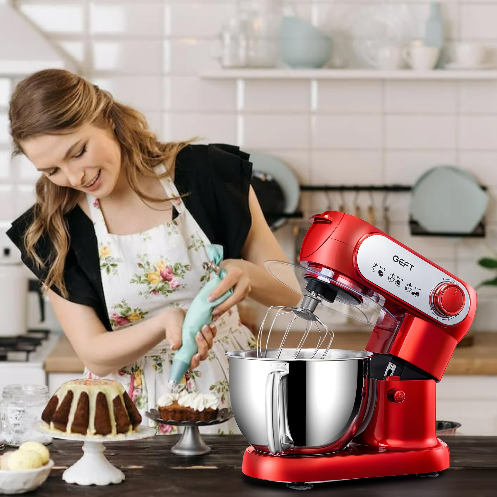 Batidora de pie, 6 cuartos de galón 600 W, mezclador de masa de cabeza inclinable, mezclador de 6+P velocidad de cocina con cuenco de acero inoxidable, gancho de masa apto para lavavajillas, batidor 8
