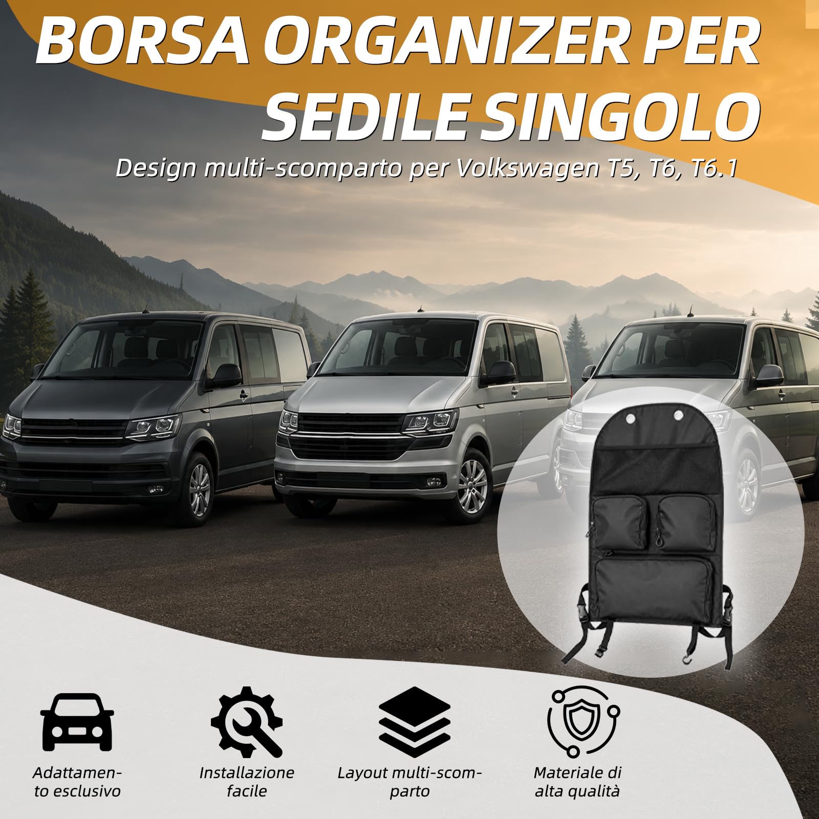 Borsa organizer per sedile singolo – organizzatore per seggiolino auto impermeabile con molti scomparti per VW T5, T6, T6.1 – perfetto per campeggio, viaggi e uso quotidiano