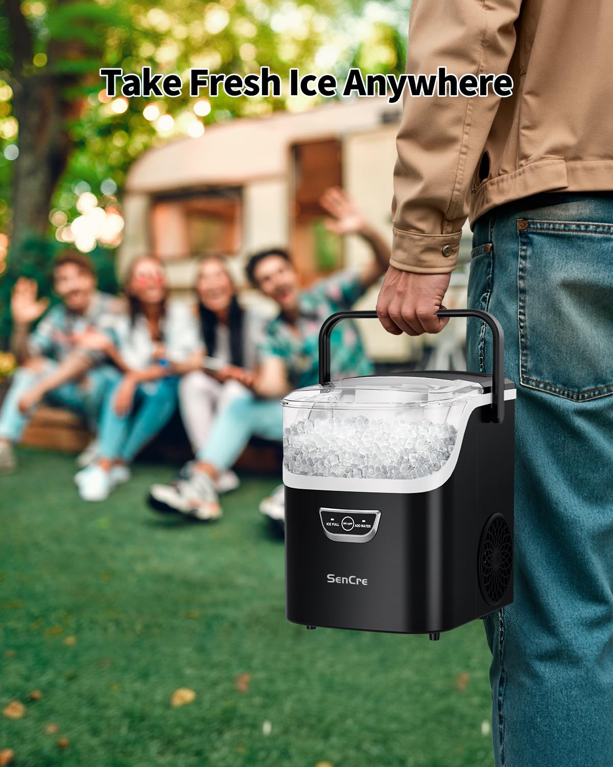 SenCre Nugget Ice Maker Countertop with Handle, Ready in 5 Mins, 40lbs/Day Soft Sonic Ice, Auto-Cleaning Portable Ice Machine for Home Kitchen Office Party & Large Families