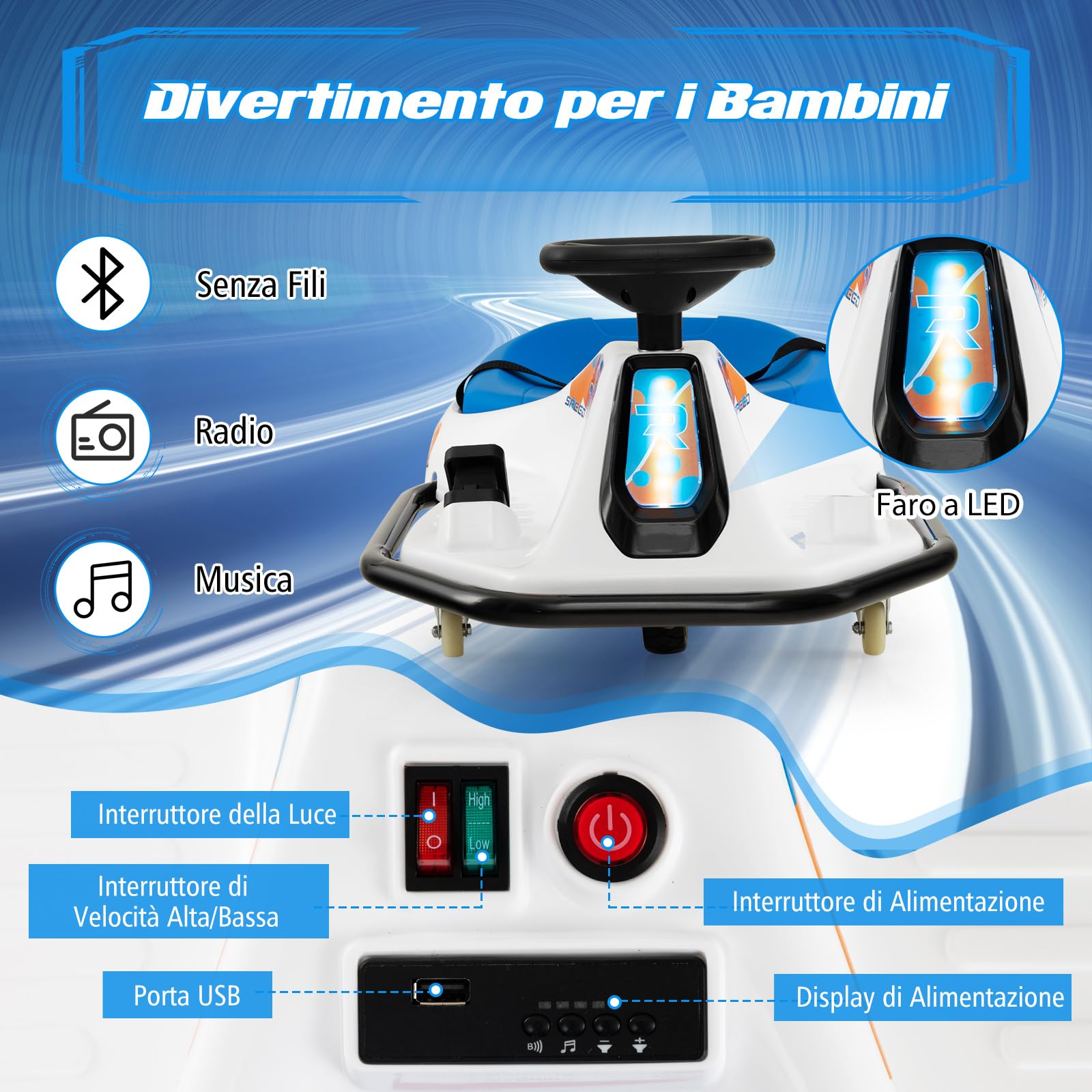 COSTWAY 24 V Go Kart per bambini, Auto Drift con Giro a 360°, con Connessione Wireless USB Radio Musica e 3 Bandierine, Avviso Lento, 9-15 km/h, per Bambini 3+ Anni