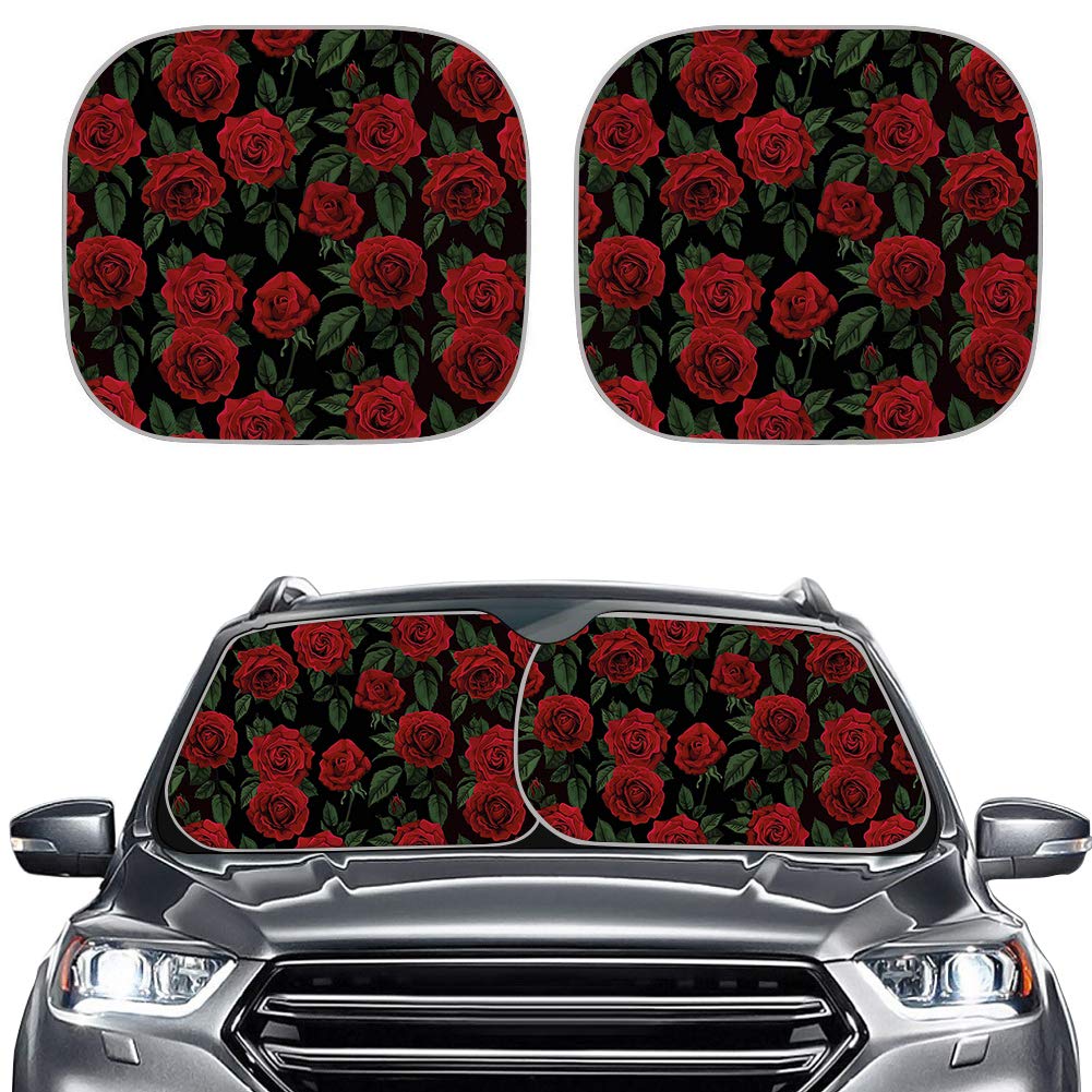 BIGCARJOB Red Rose Fashion Car Sun Visor Car Windshield Sun Shade 2-Piece Foldable Windshield Sunshade Cover Protector Sun Visor Car Front Window Sunshades for Most Vehicle