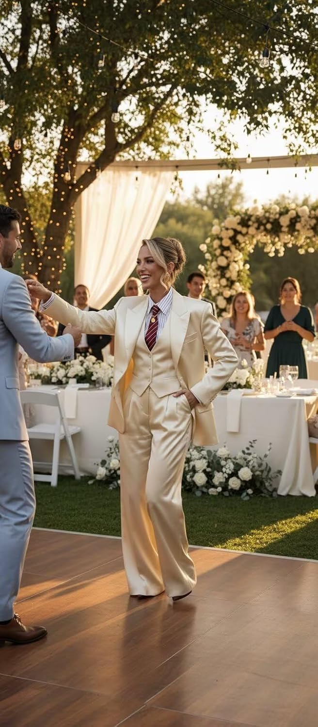 Womens Suit 3 Piece Satin Pant Suits for Women Dressy Business Casual Outfits Single Breasted Vest and Pants Set Women