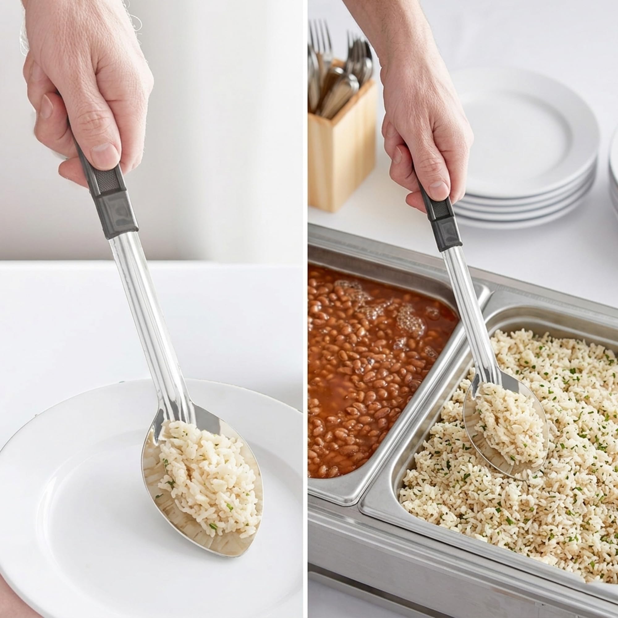 Cucharas de servir de acero inoxidable de 13 pulgadas, paquete de 4/12, utensilios de cocina comerciales, cuchara de cocina de chef de calidad de restaurante con mango recubierto resistente al calor