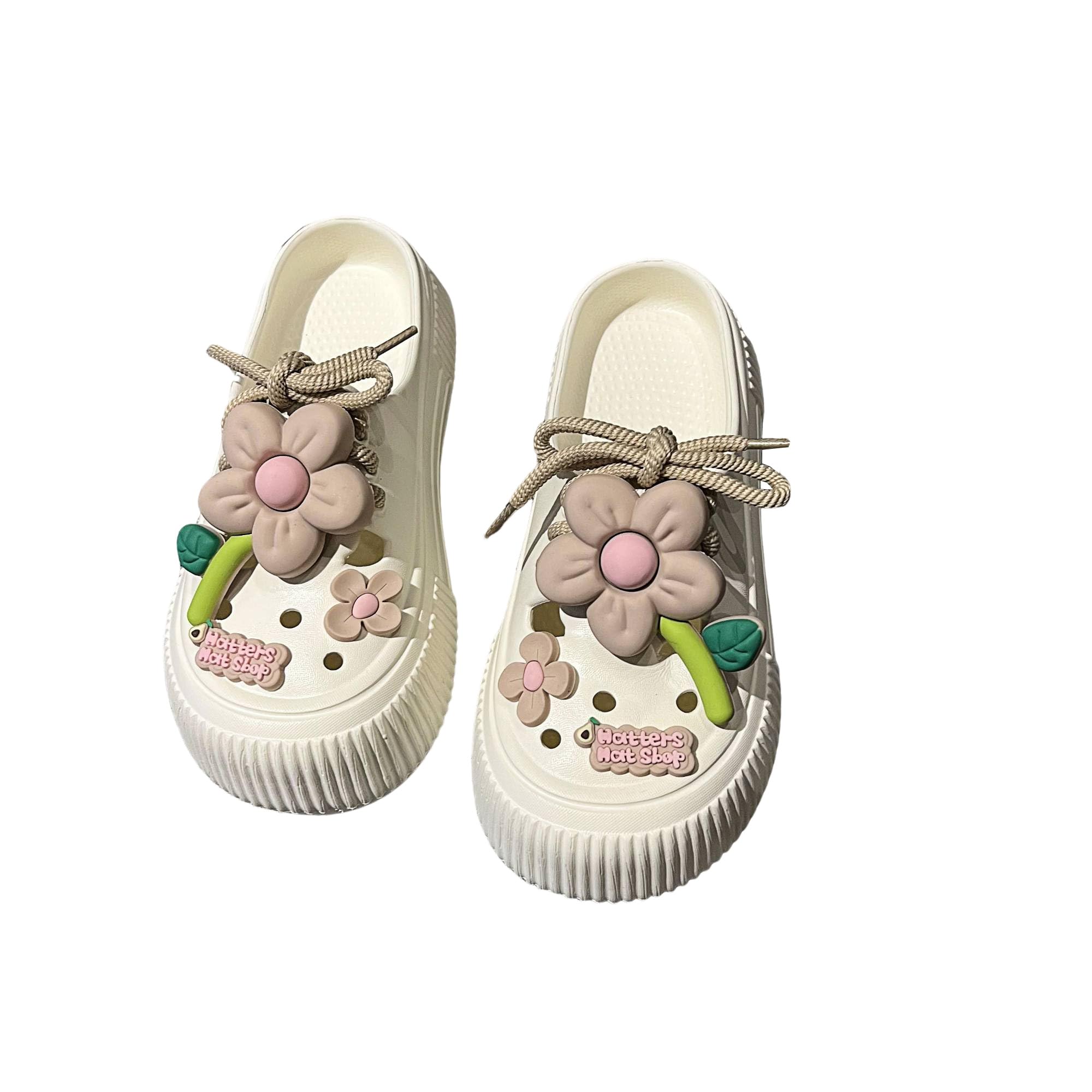 Women's Platform Slide Sandals with Bow and Flower Charms, Cavernous Upper