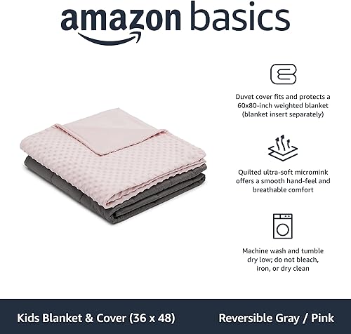 Miniatura 2 de Tienda Basics Manta con peso de algodón para niños y funda reversible de microvisón, 3 libras, 36 x 48 pulgadas, reversible grisrosa