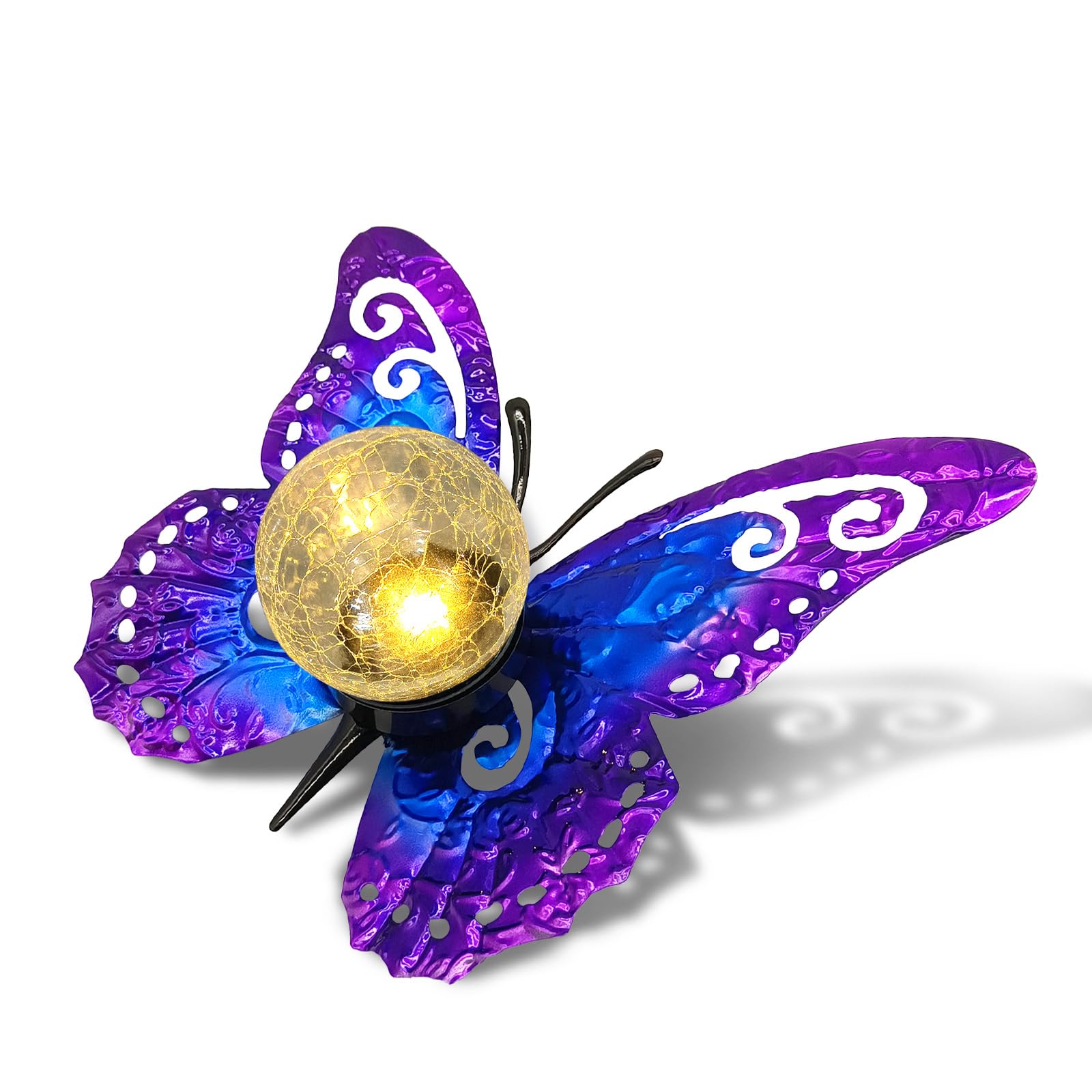 Solar Lights Outdoor Garden Butterfly Decor, Metal Butterfly Statue Decoration with LED Crackle Glass Globe, Solar Powered Lighted Garden Art Decor for Patio Lawn Yard Pathway Tabletop Ground