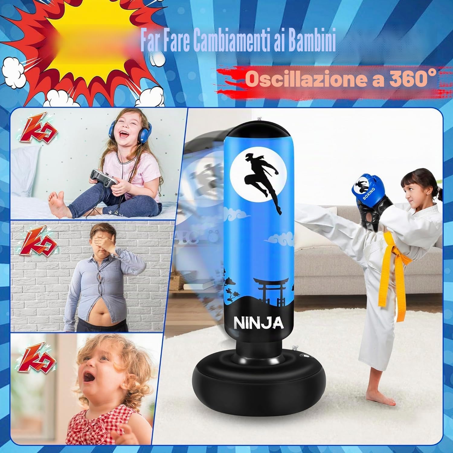 Sacco da boxe grande e stabile per bambini, pungiball bambini gonfiabile alto 168 cm, regalo per ragazzi e ragazze dai 5-12 anni, per praticare karate, taekwondo, MMA