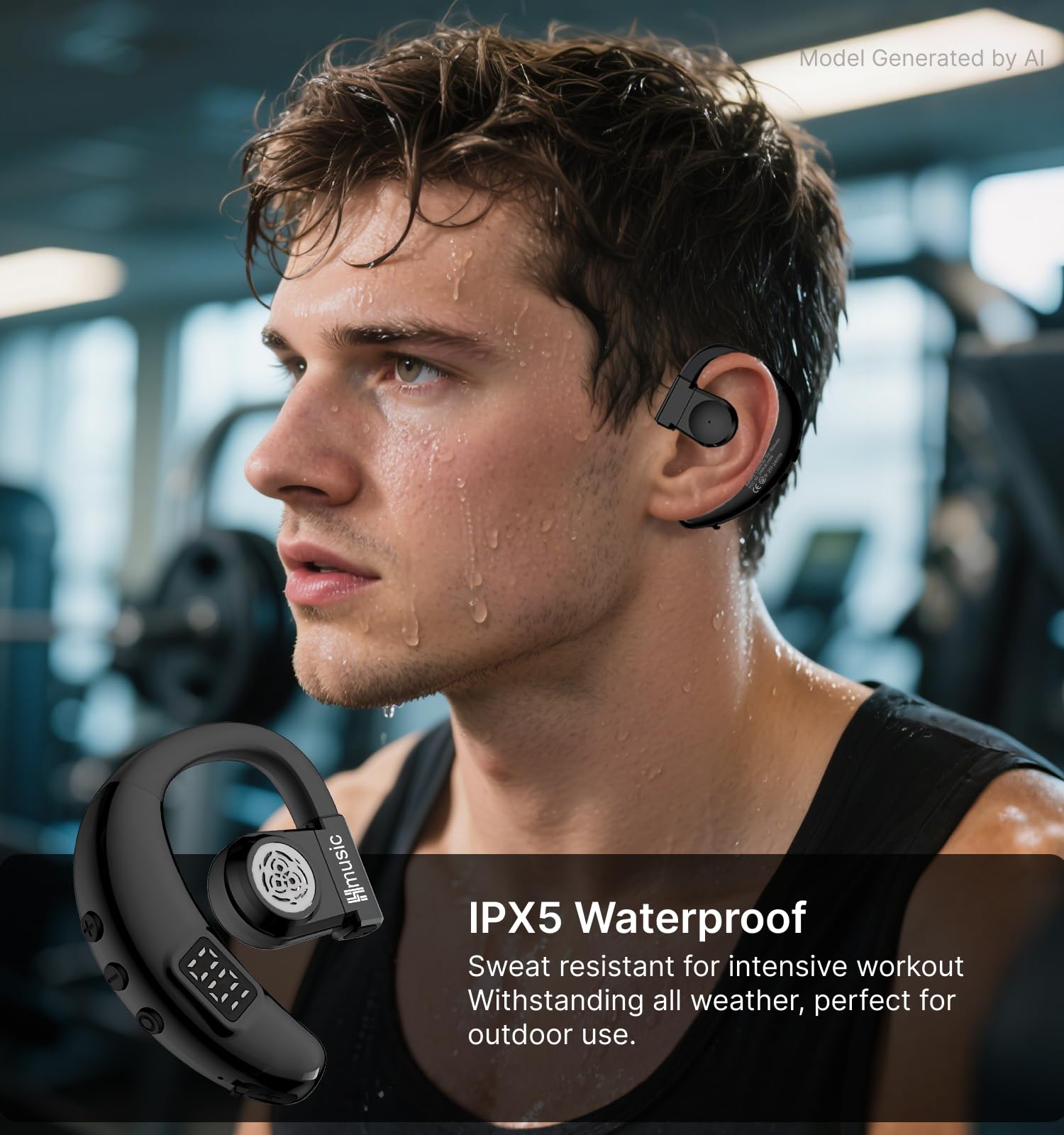 Hmusic Auricolare Bluetooth Singolo V5.4, Rotazione 180°, per Orecchio sinistro e destro, IPX5 Impermeabile, 20 Ore di Autonomia con microfono ENC, per guida, lavoro e sport (nero)