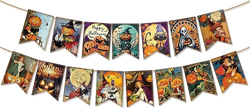 Decoraciones vintage de Halloween  Feliz Halloween  Juego de 15 pancartas colgantes de calabaza malvada y bruja de estilo retro para vacaciones,