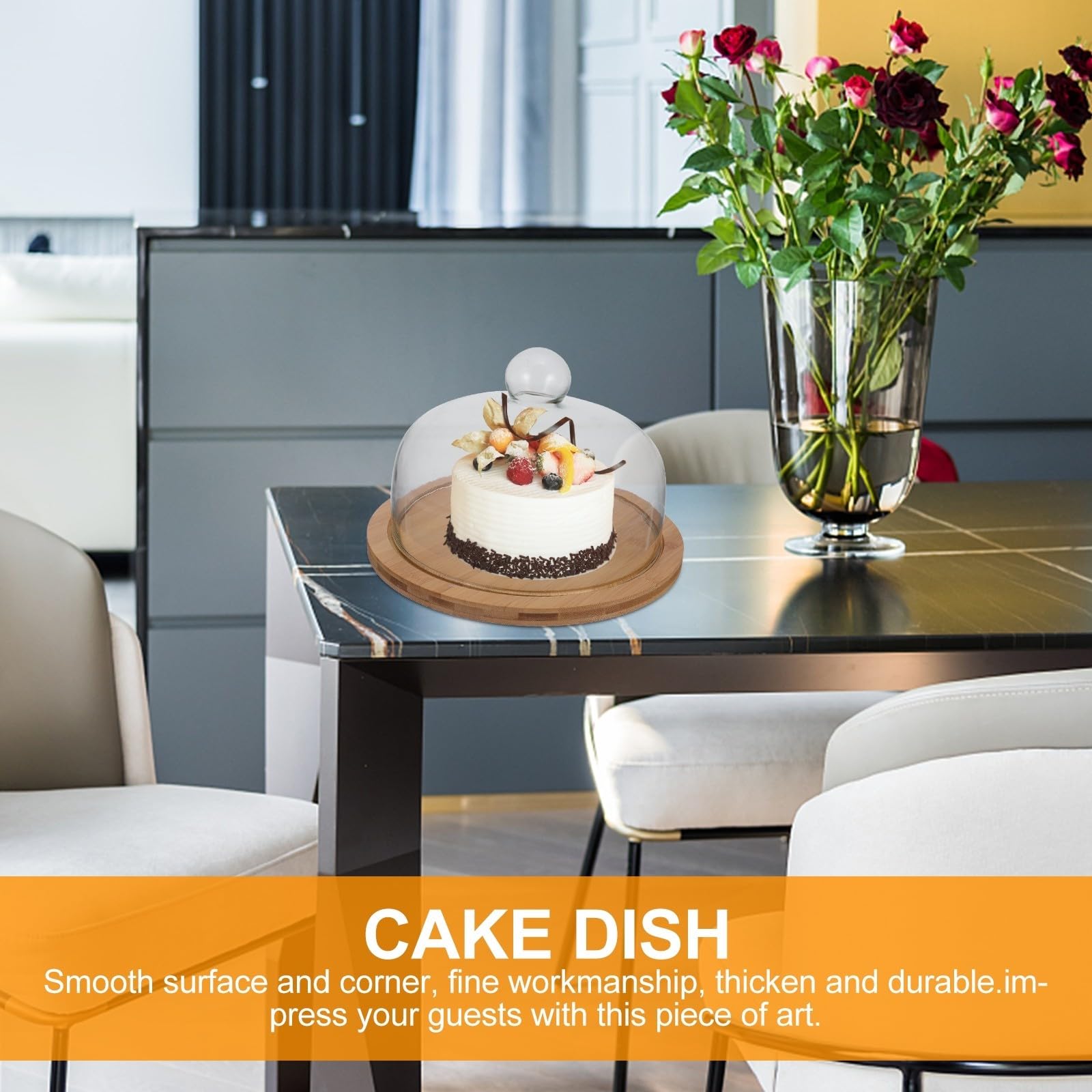 Plat à Gâteau avec Couvercle en Verre et Plateau Tournant en Bois