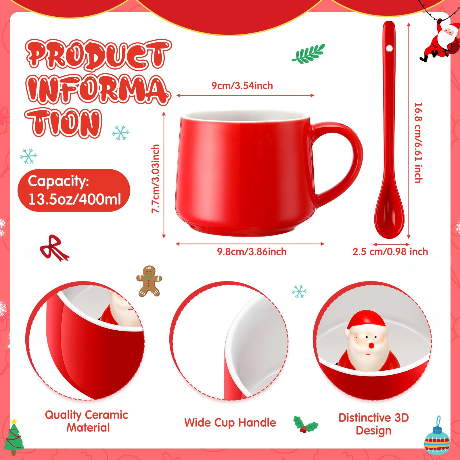 Uiifan 2 juegos de tazas de café de Navidad 3D con cuchara de cerámica, 13.5 onzas en el interior, taza de cerámica de dibujos animados para mujeres y hombres, regalos de Navidad, suministros de