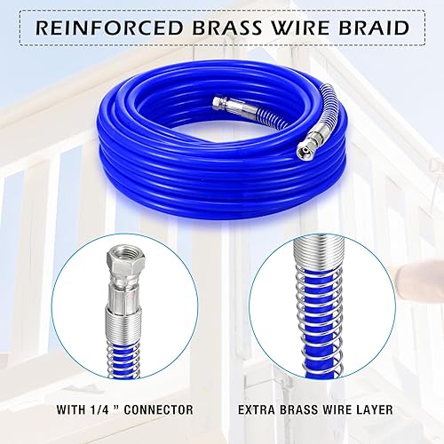 Miniatura 4 de Frienda Manguera pulverizadora de pintura sin aire de 100 pies x 1/4 pulgadas, tubo de fibra flexible azul, pulverizador de pintura universal de