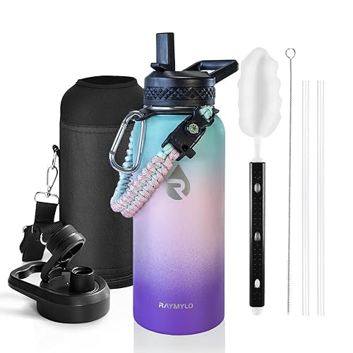 RAYMYLO Insulated Water Bottle 32 oz, Triple Wall Vacuum Stainless Steel (Cold for 48 Hrs), Leak Proof & Non-BPA, Modern Water Flask Jug with Paracord Handle & Straw Spout Lids, Hydrangea - 32 Ounces - Hydrangea