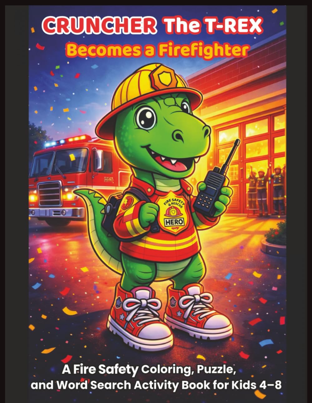Cruncher the T-Rex Becomes a Firefighter: A Fire Safety Coloring Book and Word Search Activity Book for Kids 4–8 (Cruncher the T-Rex Adventures)