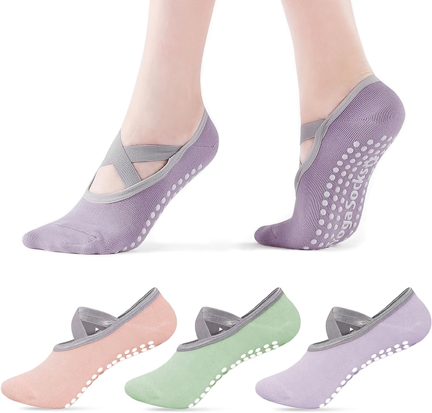 3Pairs Non Slip Yoga Socks for Women - Breathable Cotton Anti Skid Pilates Casual Grip Socks for Yoga, Ballet, Barefoot Workout, 4.5-7.5 UK, Purple