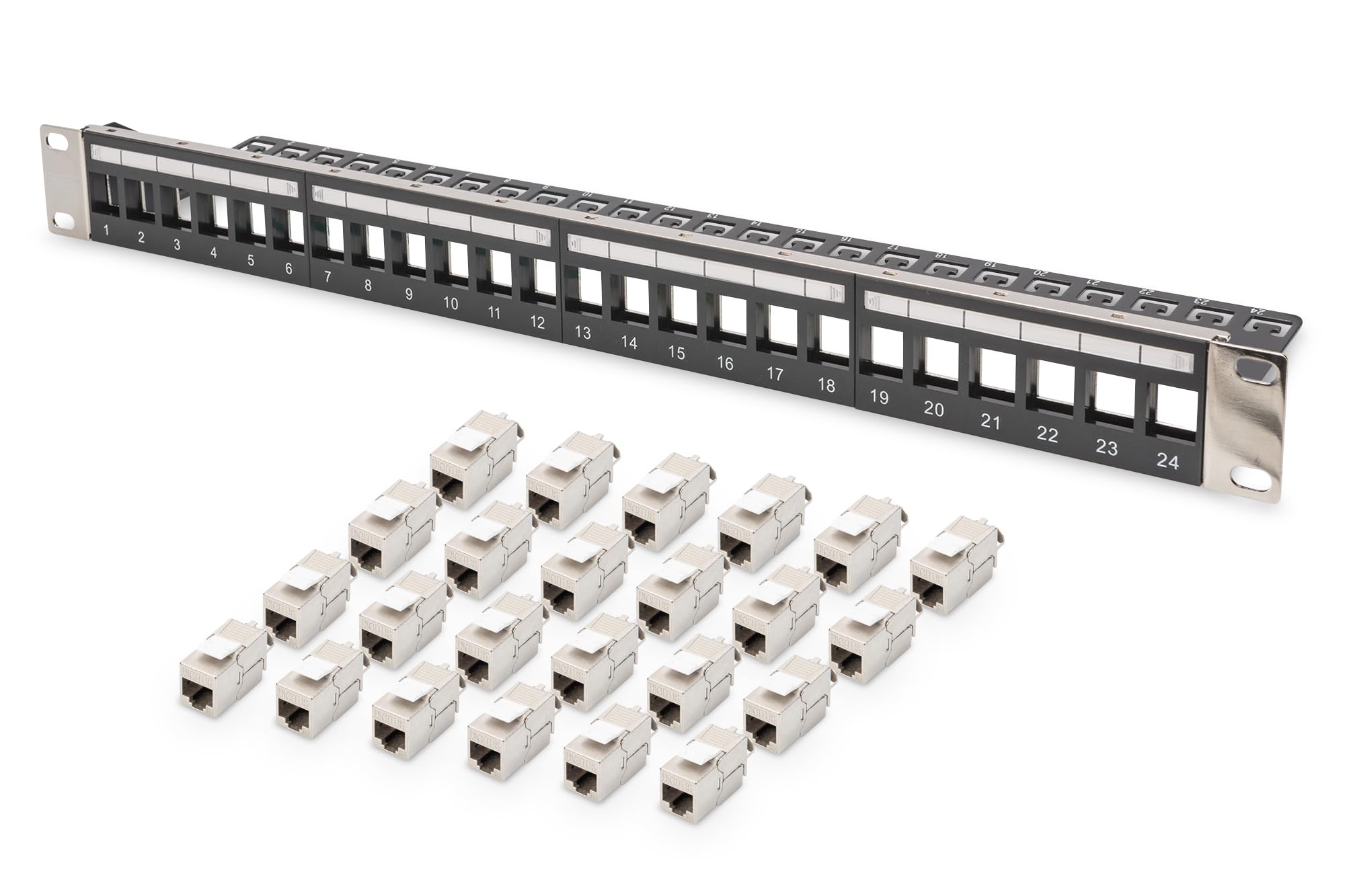 DIGITUS Set: Panel de interconexión - Modular - 19 Pulgadas - 24 Puertos - apantallado - Montaje en Bastidor 1U - Negro - con módulo Keystone 24x Cat6A