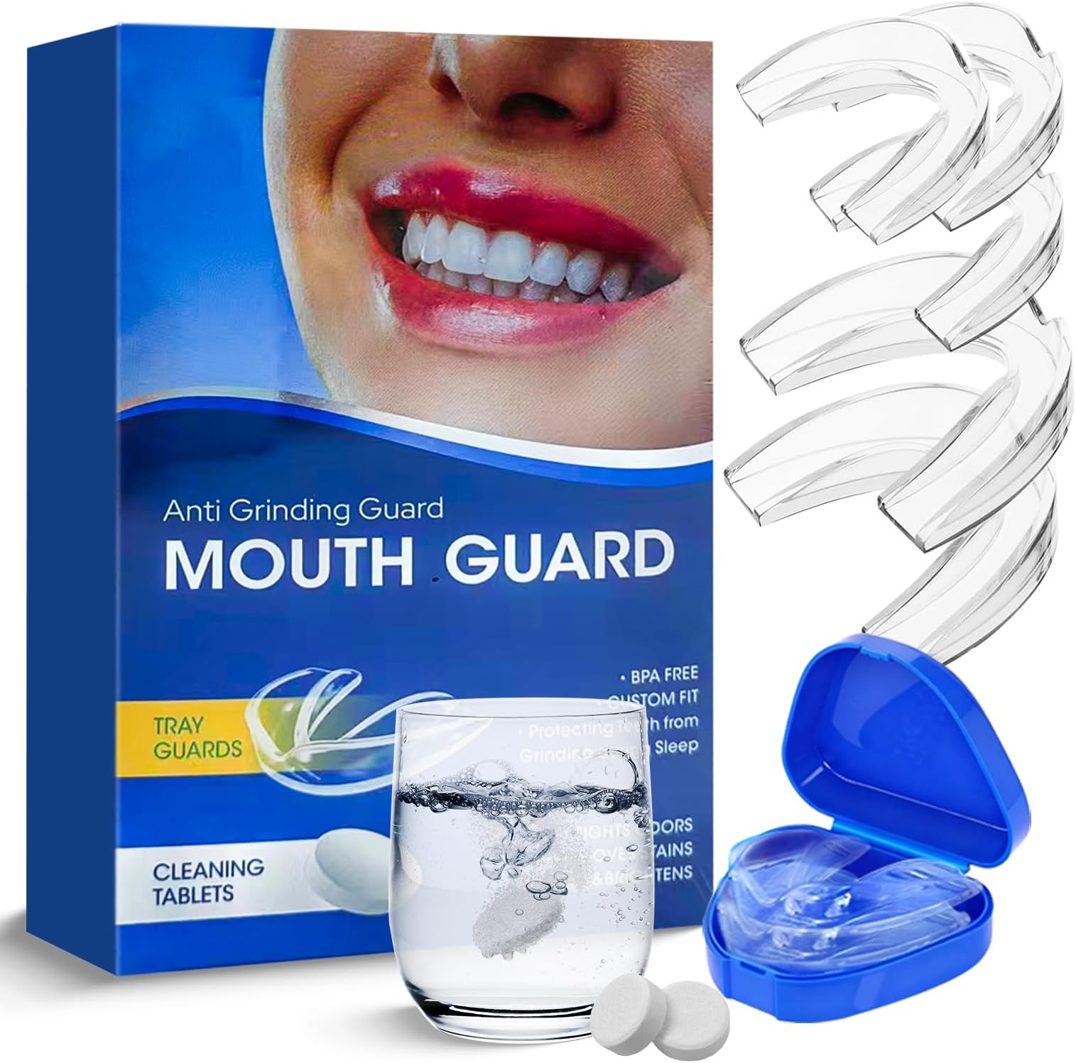 Two Sizes,4 Pack Night Guards for Teeth Grinding,Mouth Guard for Sleeping,Mouth Guard for Grinding Teeth at Night,Dental bruxism bite Guard with 12 Cleaning Tablets
