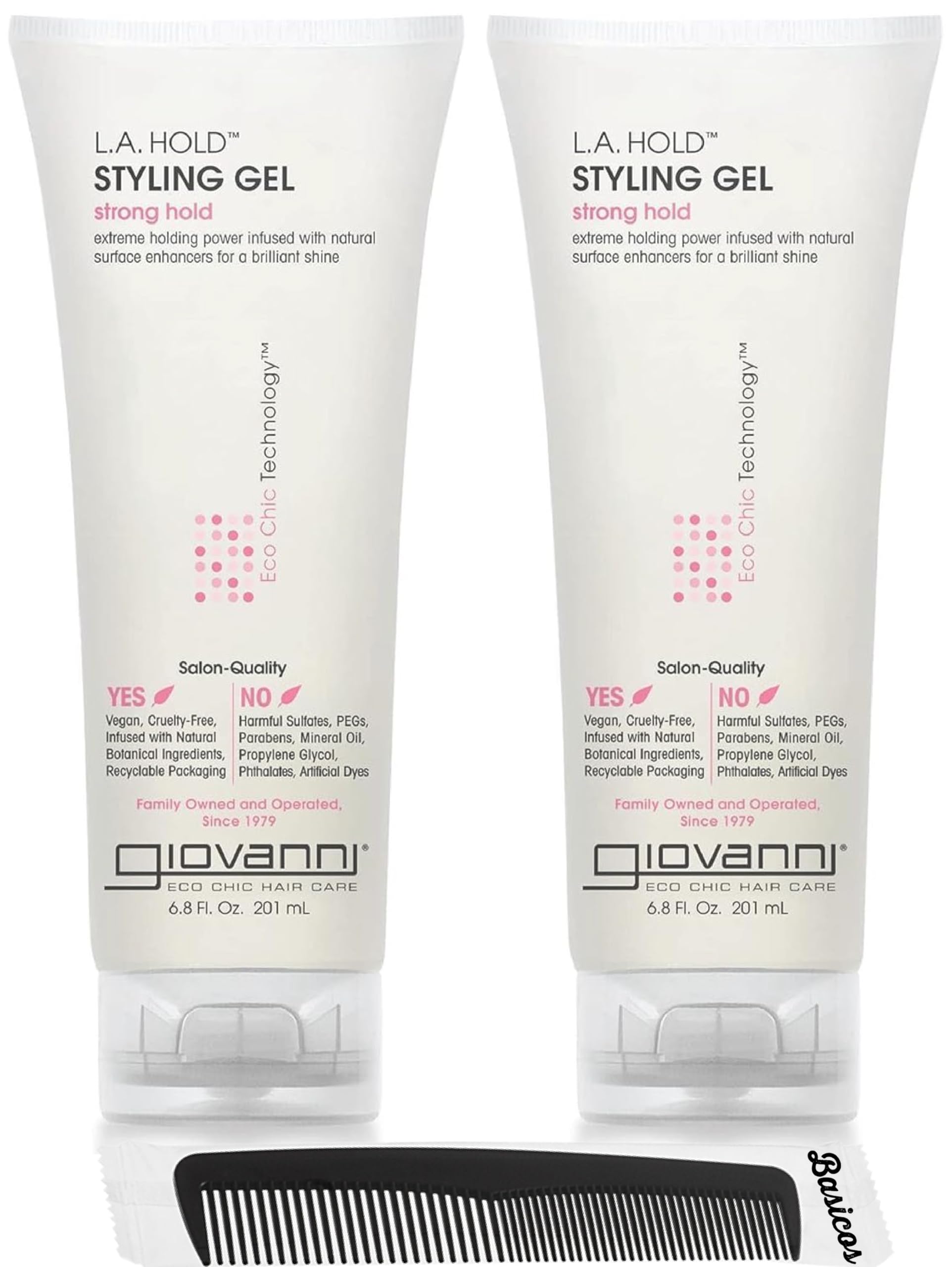 2Pack GIOVANNI LA Hold Styling Gel - Strong Hold for Women and Men - Vegan, No Parabens or Phthalates - Infused with Natural Botanicals - Lightweight Hair Gel - 6.8 oz + Bonus Comb