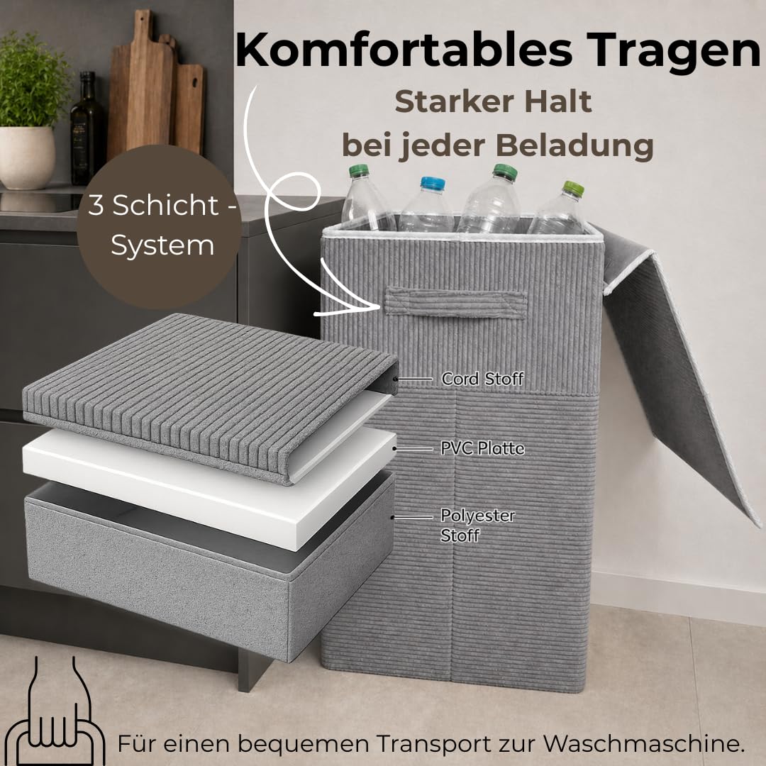 TALIDA Wäschekorb Cord – mit abnehmbaren Deckel | platzsparend & praktisch | faltbarer Wäschesammler | Pfandflaschen Sammelbehälter | Schlafzimmer, Kinderzimmer & Badezimmer (Hellgrau, 120L)