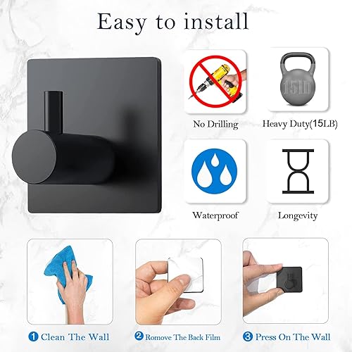 Miniatura 6 de Ganchos adhesivos para toallas, ganchos de pared resistentes para puerta de baño, cocina, paquete de 4, negro mate