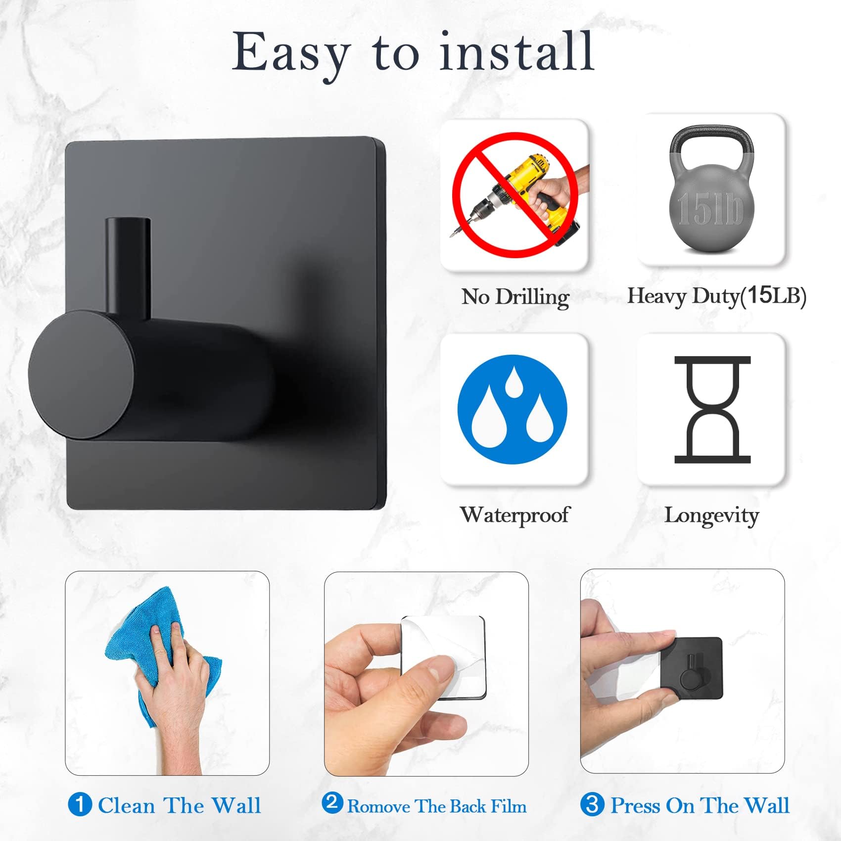 PNWNNH Ganchos adhesivos resistentes para toallas de pared, ganchos de ducha para puerta de baño, cocina, paquete de 4, color negro mate