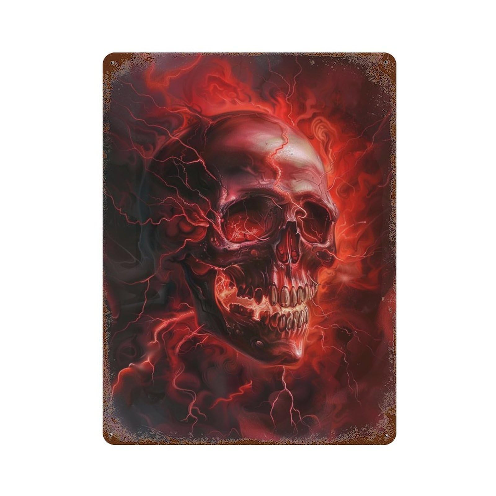 Aged Metal Wall Plaque with Fiery Skull Artwork -1 Design 15.7"x11.8", for Shed, Workshop And Garage Wall Decor, Decorative Metal Wall Art