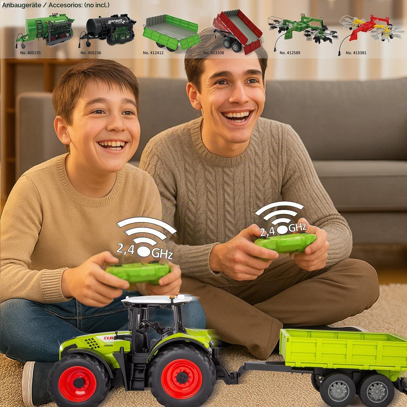 Jamara Claas Arion 660 405360 con Remolque basculante 1:24 2,4 GHz – Juguete Tractor teledirigido, vehículos para niños, Modelo agrícola, Regalo para niños, luz, Enganche de Remolque