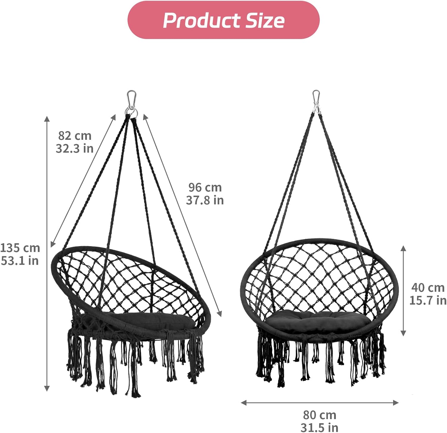 400 LBS Swing Chair, Hanging Chair for Bedroom with Comfortable Cushion, Hammock Swing Chair for Indoor and Outdoor Use, Suitable for Bedroom, Terrace, Balcony, Patio, Adult, Child, Girl, Black