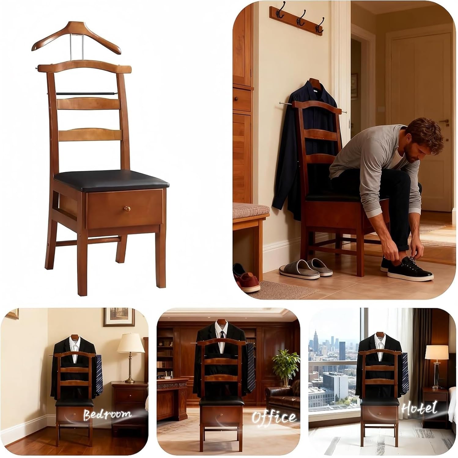 Brown Valet Stand with Office Chair Hanger with Drawer Trouser Bar and Tie & Belt Bar Freestanding Clothes Valet Stand Organizer Storage for Men and Women