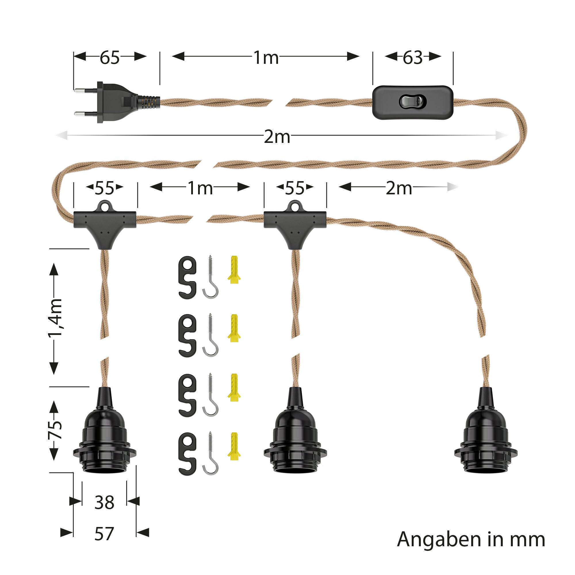 ledscom.de 2x Hanf-Kabel/Textilkabel LEKA, Stecker, Schalter, natur-beige, 8 m, Lampen-Fassung, 3x E27 max. 60W