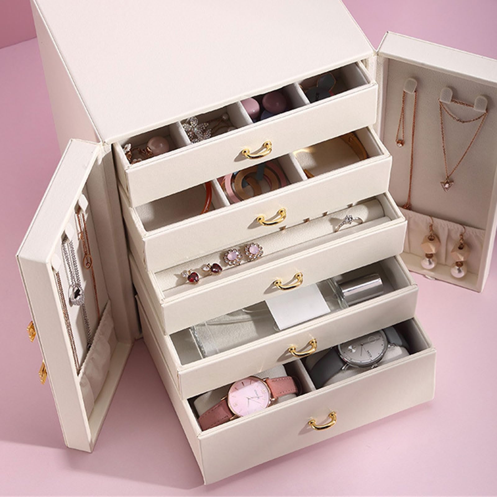 Elegante soporte para joyas con terciopelo para accesorios interiores, caja de gran capacidad para anillos, aretes, collares, relojes, organizador de joyas