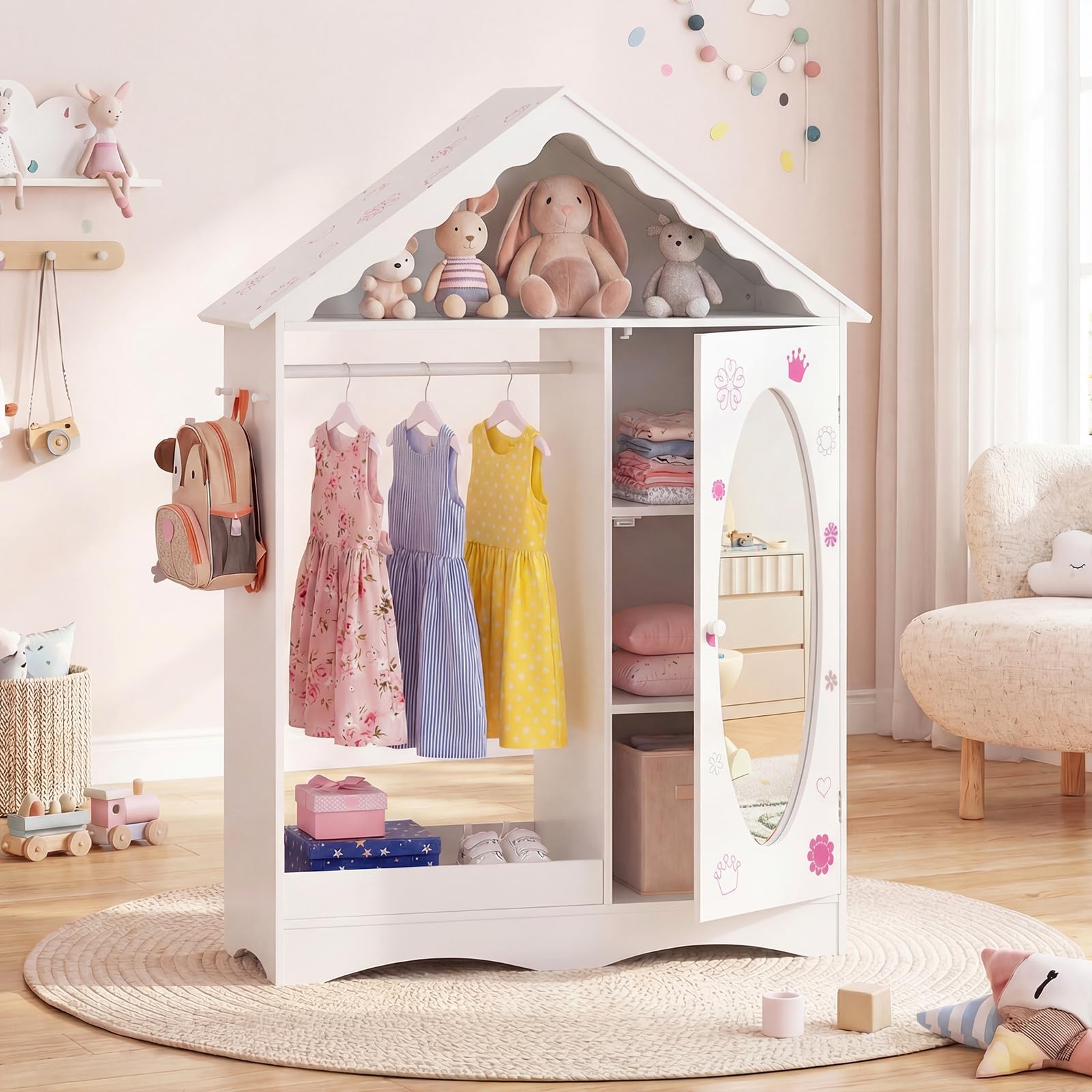 COSTWAY Kinder Kleiderschrank in Hausform, Kindergarderobe mit Spiegel, Kleiderstange, Regalen & Haken, Kinder Kleiderschrank für Kinderzimmer, Kleiderständer für Mädchen ab 3 Jahren (Weiß)