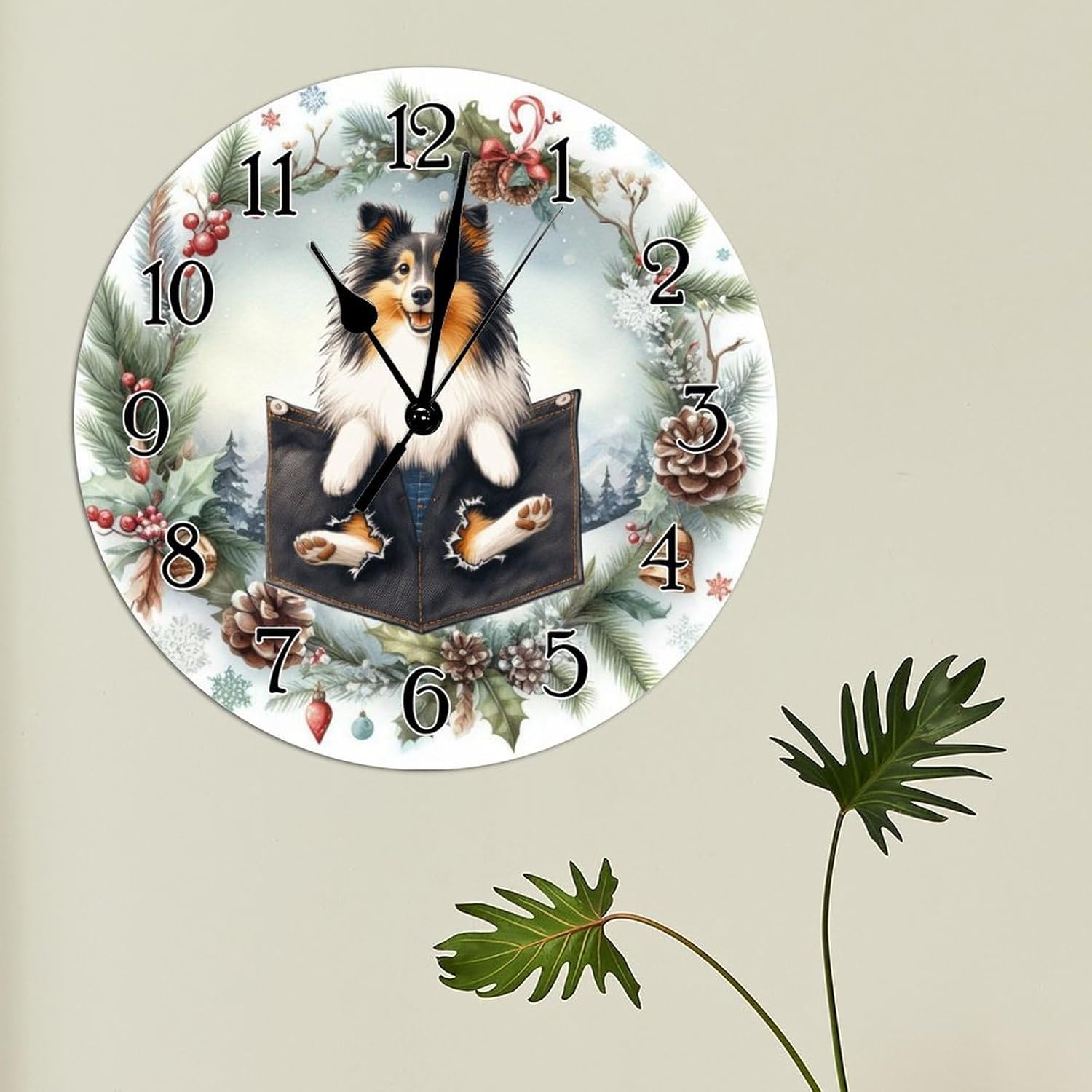 Sheltie Wall Clocks Sheltie Funny Pocket Peeking Dog Art Clock Dog Owner Gift Round Wooden Clocks Non-Ticking Silent Wall Clock for Home Living Room 15x15in Birthday Gift to Dog Mom