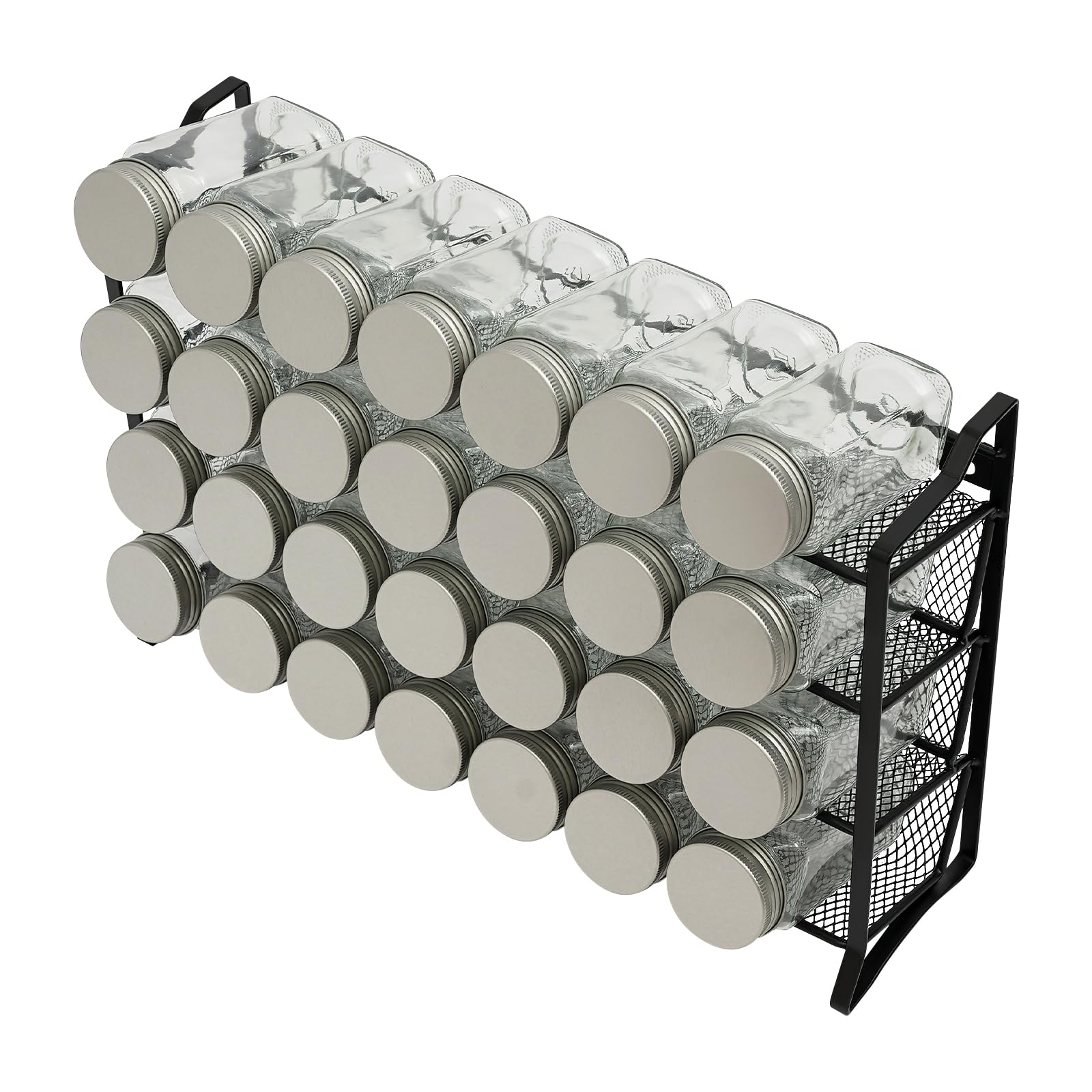 Portaspezie a 4 ripiani con 28 barattoli vuoti in vetro e 180 etichette per spezie, per cucina, armadio, dispensa, armadio, 34,5 x 10 x 23,5 cm, nero