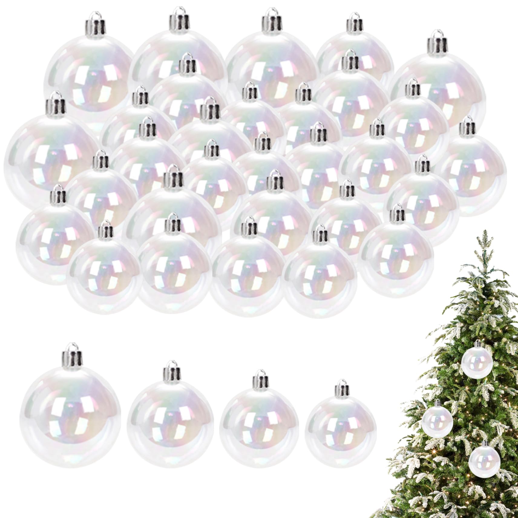 Wedhapy Clear Christmas Ornaments Clear Christmas Balls 30PCS 1.2/1.6/2/2.4in Shatterproof Baubles Plastic Shiny Hanging Iridescent Ornaments Balls for Holiday