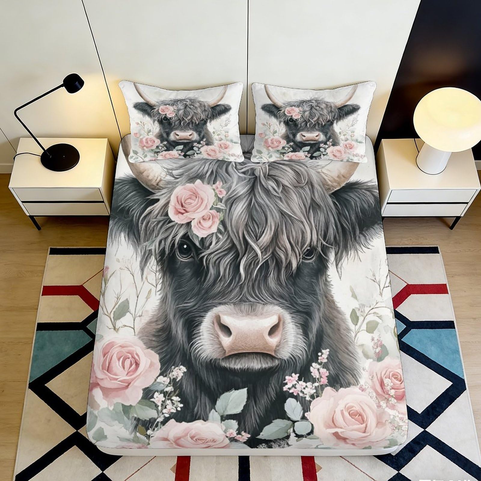 3D Printed Pastoral Floral Fitted Sheet Microfiber Deep Pocket Bedroom Bedding Pastoral Floral Mattress Fitted Cover All Wrap Non-Slip Washable 200x200x25cm