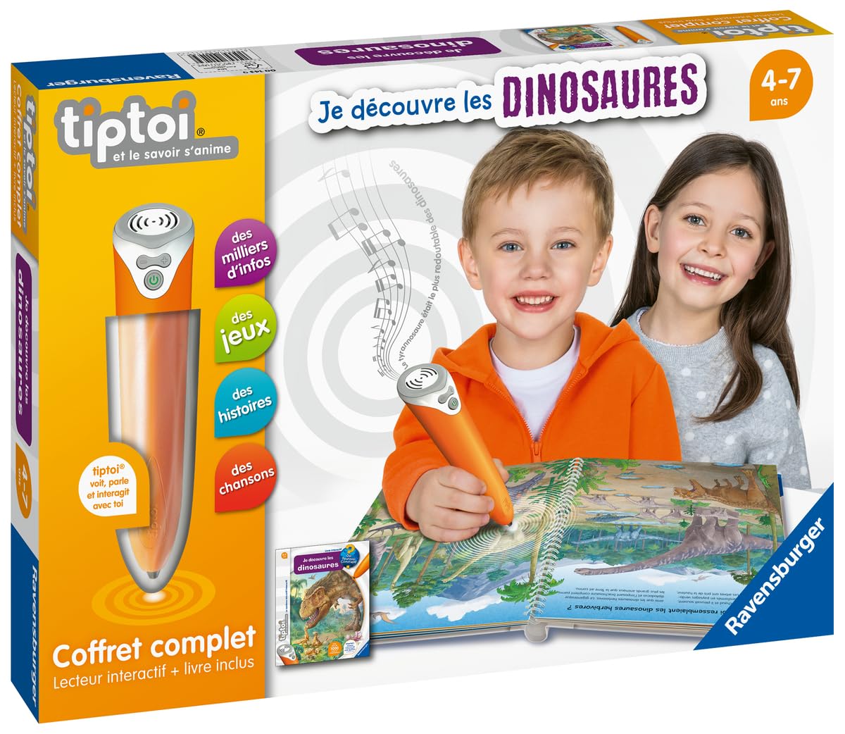 Ravensburger - tiptoi®- Kompletny zestaw czytników interaktywnych + książka I Discover Dinozaury - Elektroniczna gra edukacyjna, bez ekranu - od 4 lat - wersja francuska - 00 143