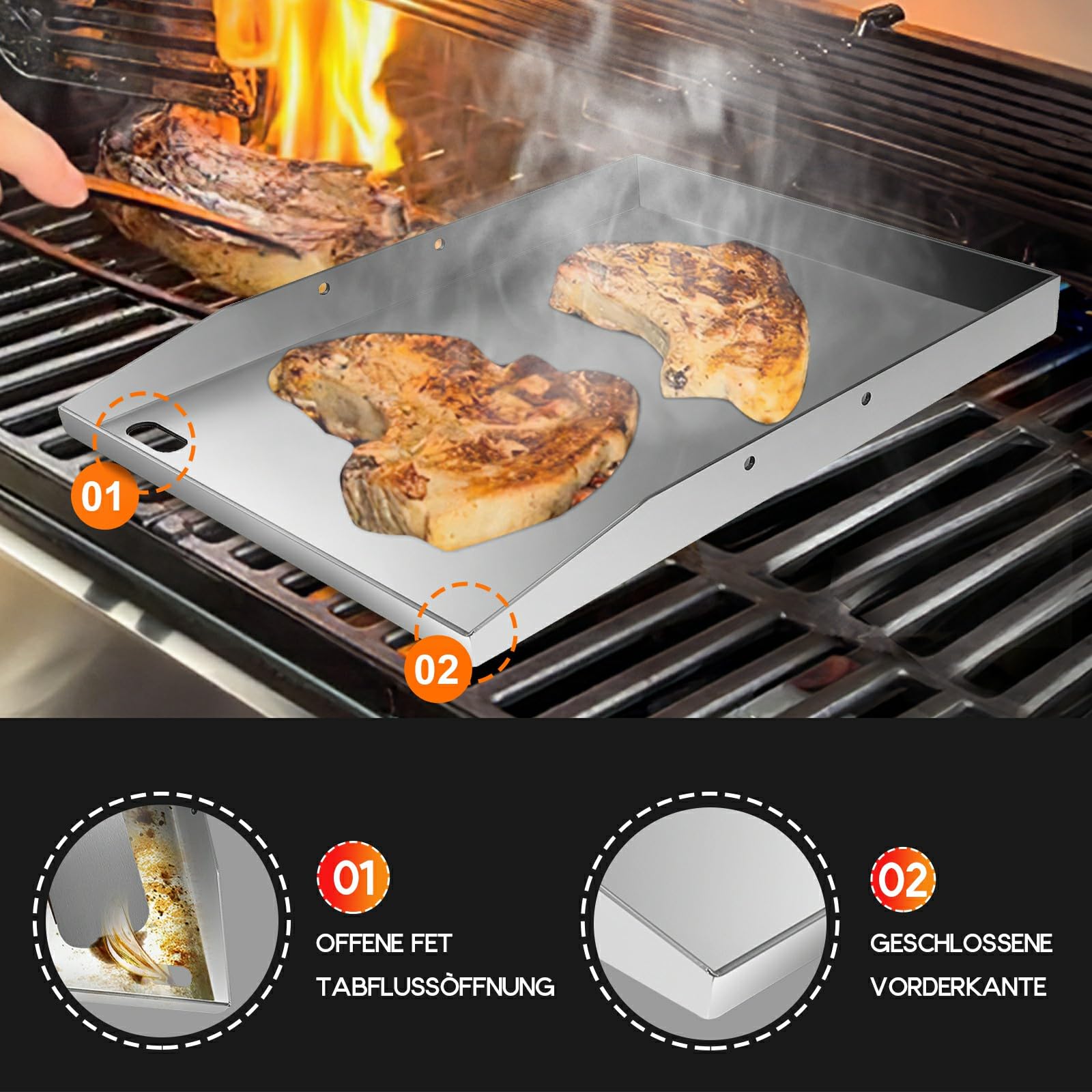 Plancha Grillplatte Edelstahl 40 x 30 cm, 4 mm Premium Plancha mit Griff