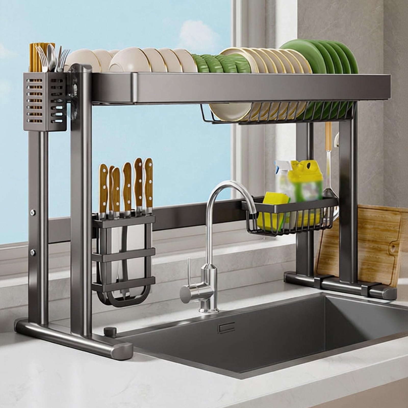 Escurridor vertical grande de 1/2 niveles de acero inoxidable para cocina sobre el fregadero, estante de almacenamiento multifunción para platos, cuencos, cestas de utensilios (una capa, 95 cm)