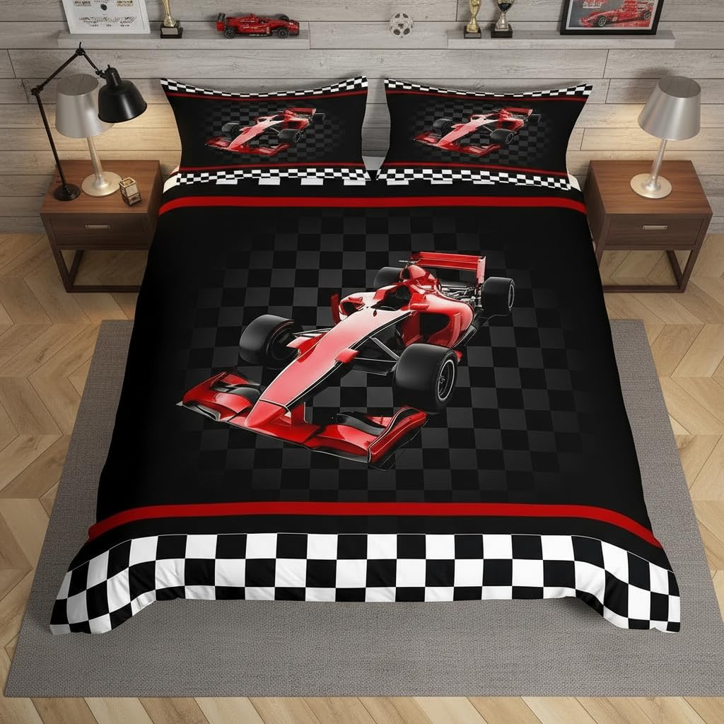Housse de couette 3D enfant motif voiture de course rouge rétro taille M et drap échecs noir blanc