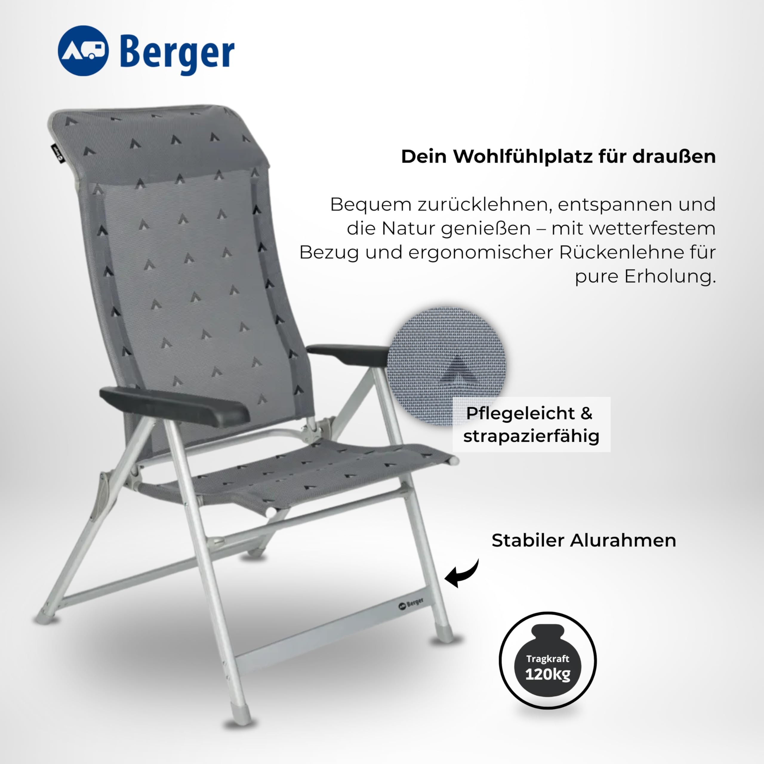 BERGER Luxus XL Klappsessel Campingstuhl | Faltbarer Gartenstuhl mit Polster & 5 -Fach Verstellbarer Rückenlehne